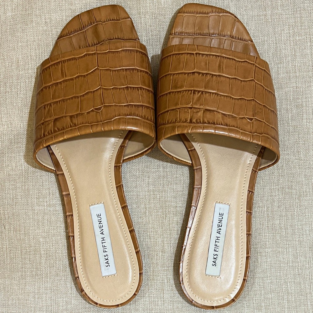 Saks Fifth Avenue Women's Brown Leather Croc-Embossed Slide Sandals 8.5M